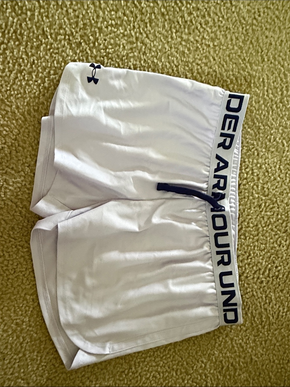 Under Armour White Men’s Athletic Shorts with Navy Logo